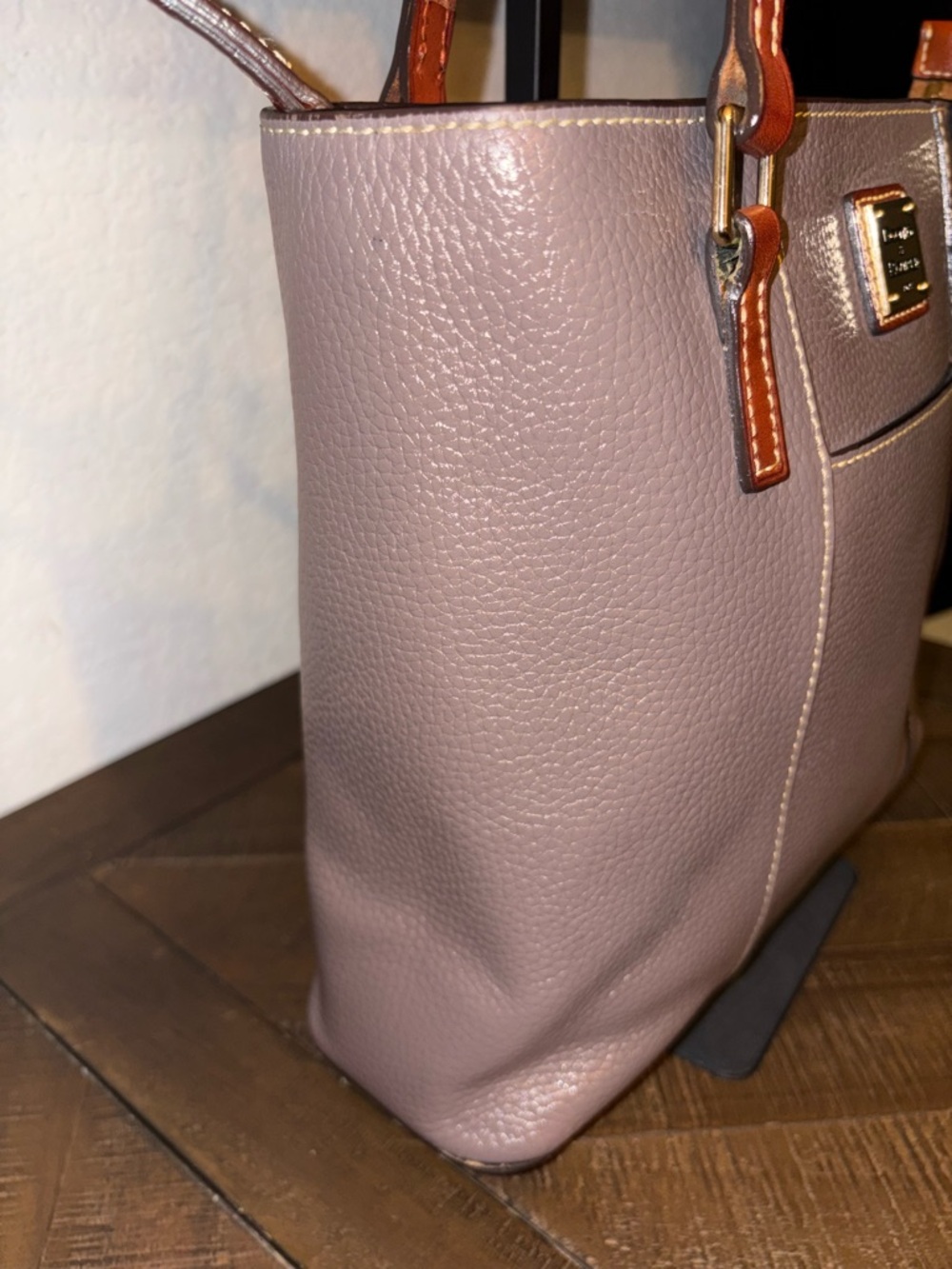 Dooney & Bourke Pebble Leather Tote Taupe Gray British Tan Trim Shoulder Bag - Picture 8 of 13